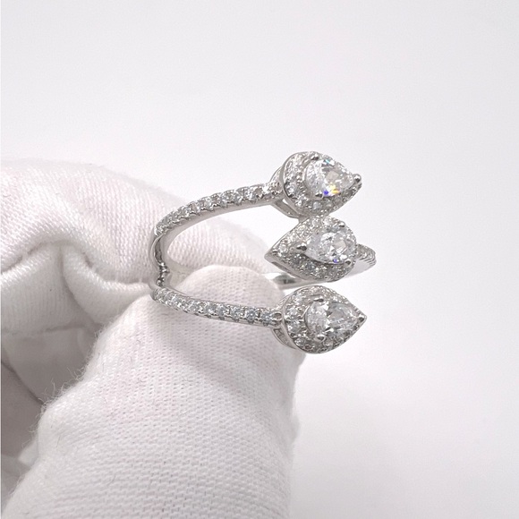 Halo Triple Pear .925 Sterling Silver Wrap Design Cz Ring - Picture 15 of 15